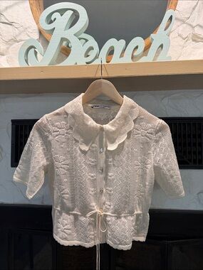 Cream Knit Button-Up Short Sleeve Cardigan with Collar
